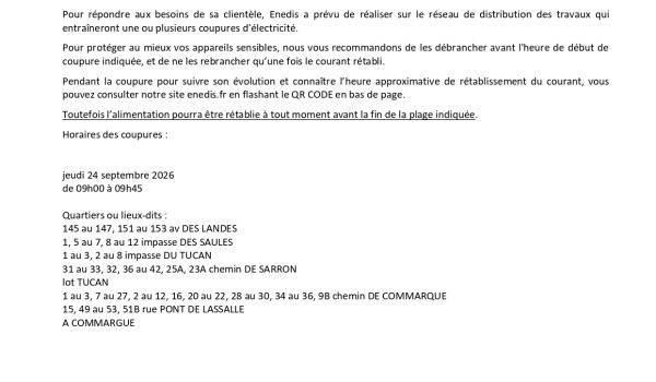 ENEDIS : coupures de courant le 24 septembre !